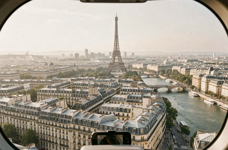 Vue aérienne de Paris depuis un hélicoptère avec la Tour Eiffel et la Seine en arrière-plan