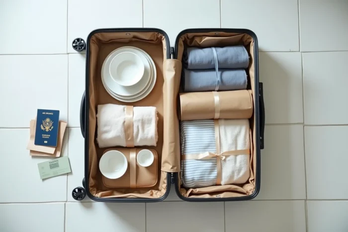 Vue aérienne d'une valise cabine ouverte contenant de la vaisselle soigneusement protégée pour un vol Air France
