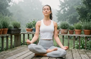 Femme pratiquant le yoga sur une terrasse en bois entourée de verdure pour une vie saine au quotidien