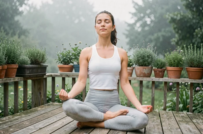 Femme pratiquant le yoga sur une terrasse en bois entourée de verdure pour une vie saine au quotidien